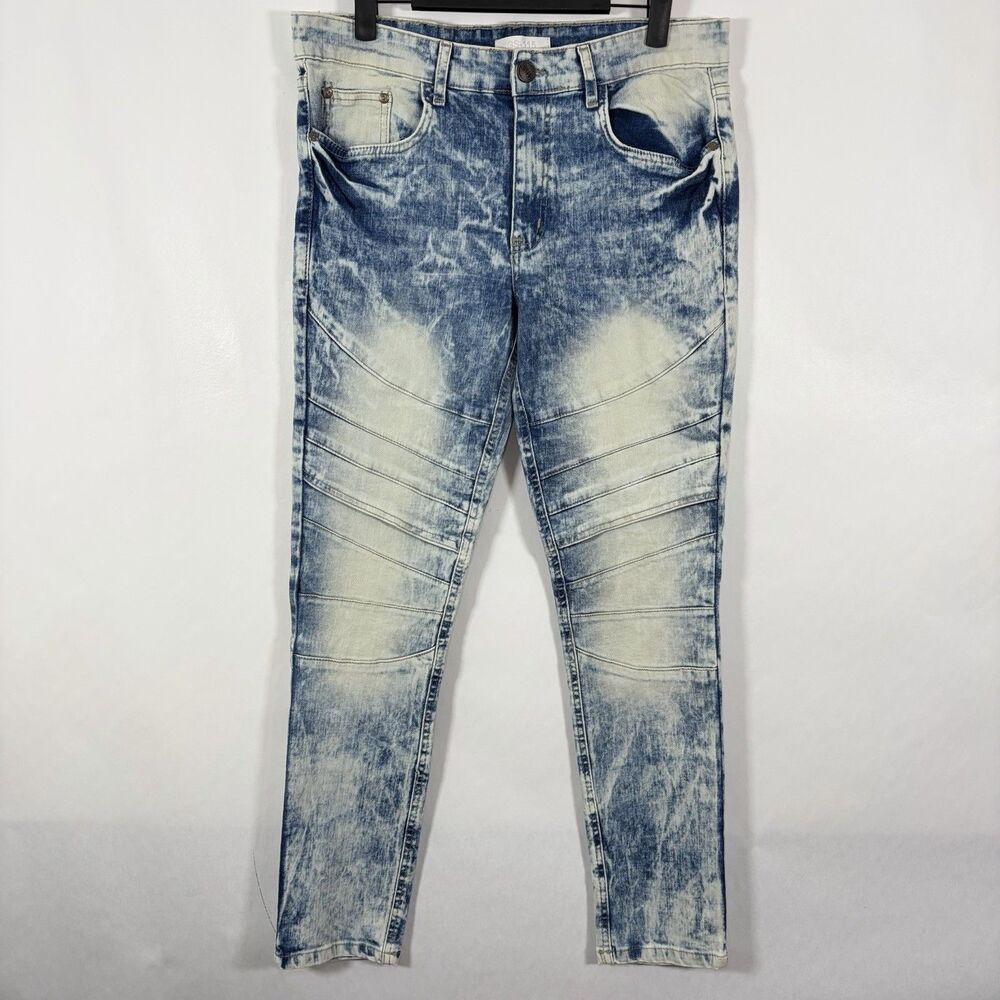GS-115 Slim Tapered Jeans Mens Size 32x30 Blue White Acid Wash Stretch Hip Hop